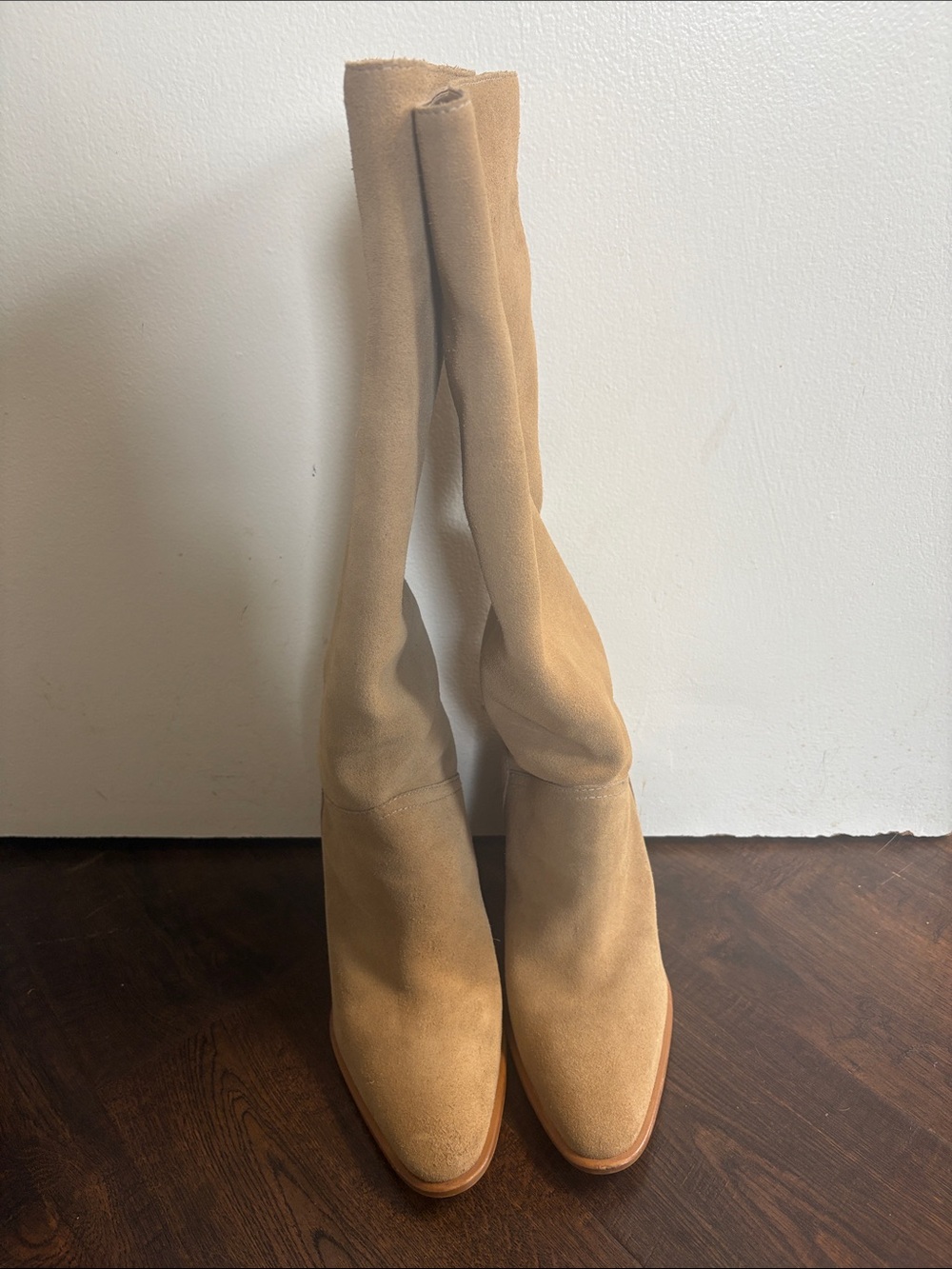 ZARA Womens size 40 (9-9.5 US) Knee High Suede Boots in Beige with Wood Heel